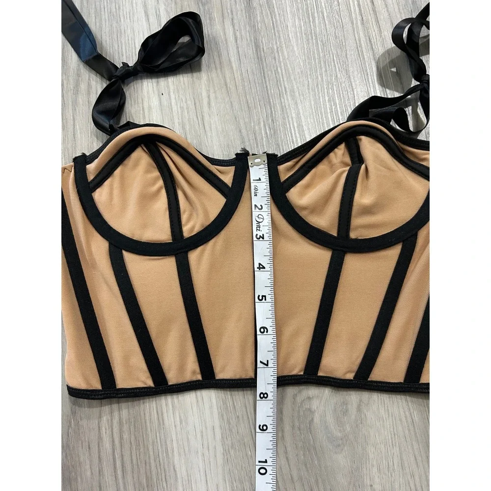 Micas Womens Contrast sexy Boning Mesh Corset Top M Tan Black Ribbon Straps
